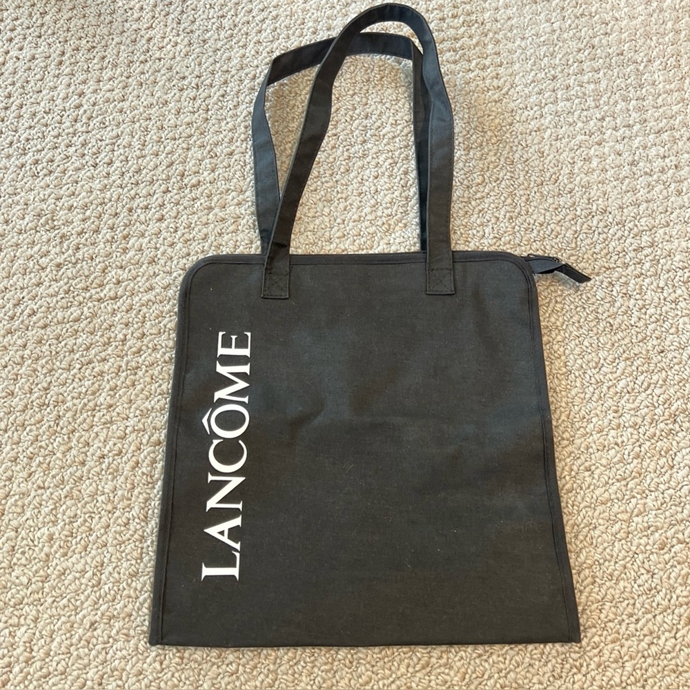 Lancome Logo Black Canvas Zippered Tote Bag 13” Makeup Beauty
